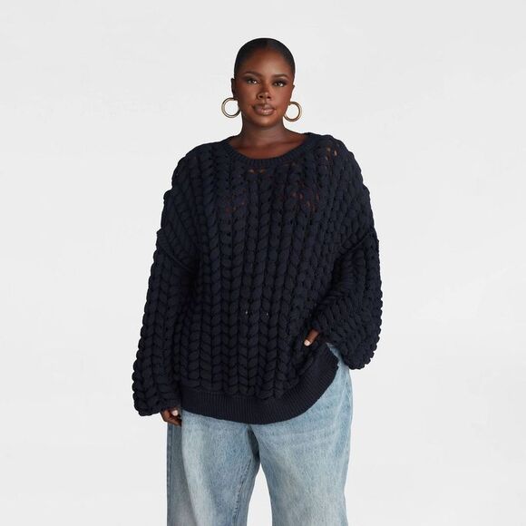 KBB by Kahlana Sweaters - KBB by KAHLANA Women's Pullover Sweater 'The Chunky Knit Crew' - Navy Blue 3X